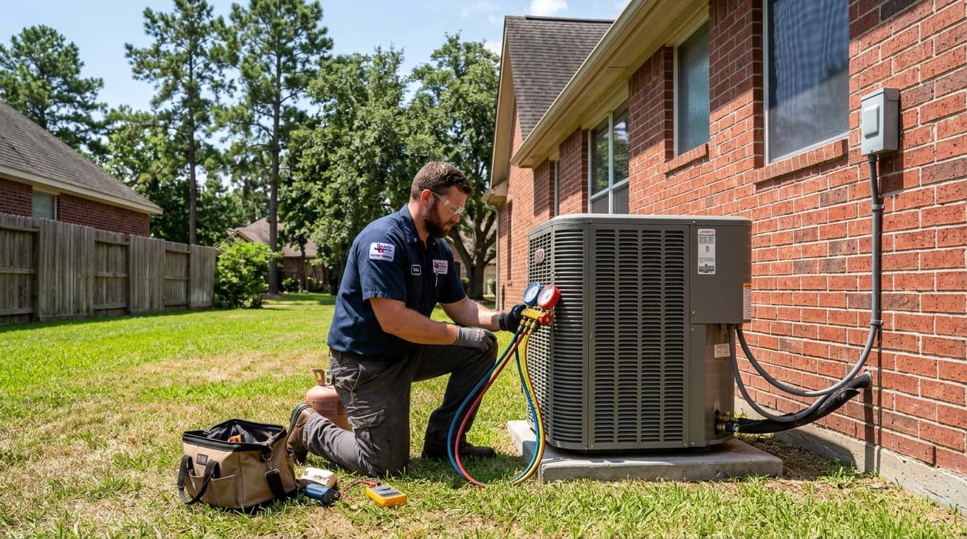 Outdoor AC condenser beside a brick home with a technician checking gauges