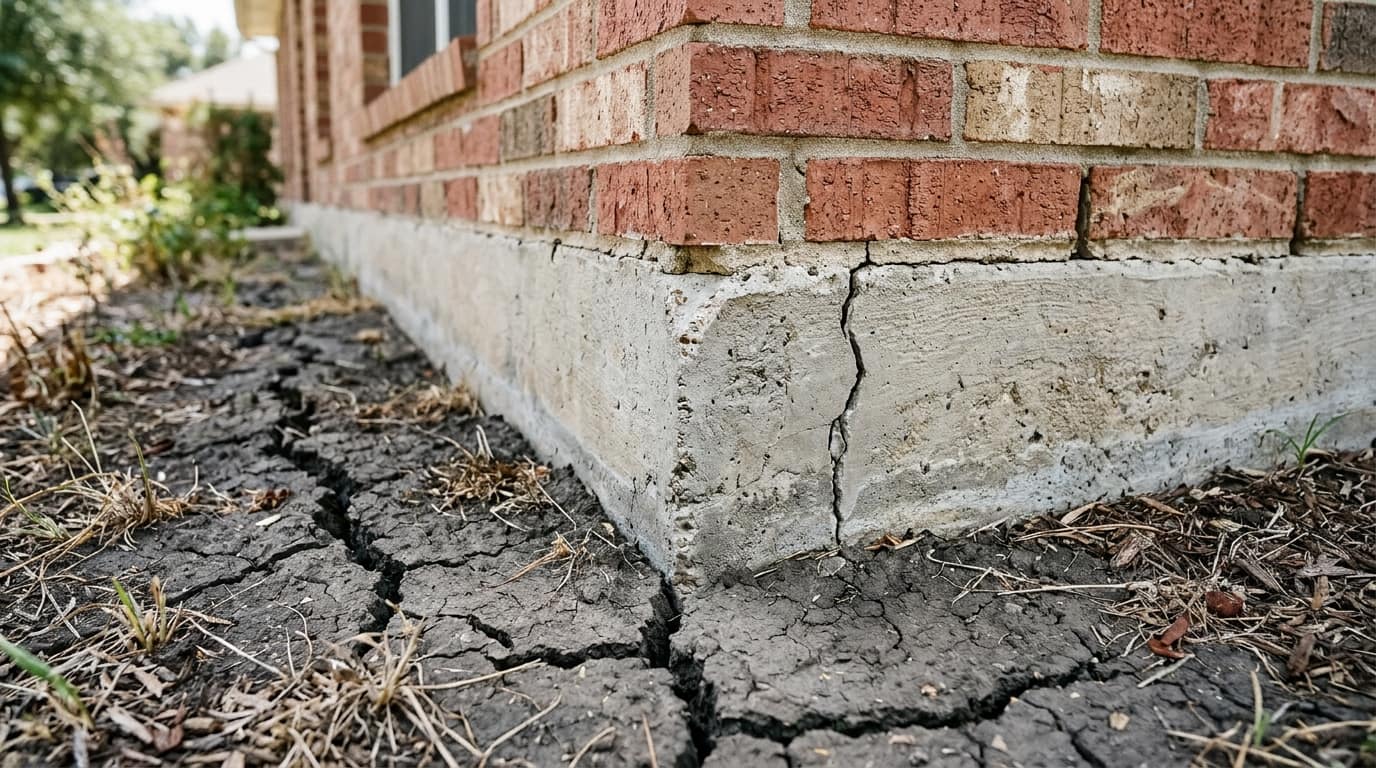 Crack in a concrete slab foundation next to dry, cracked clay soil