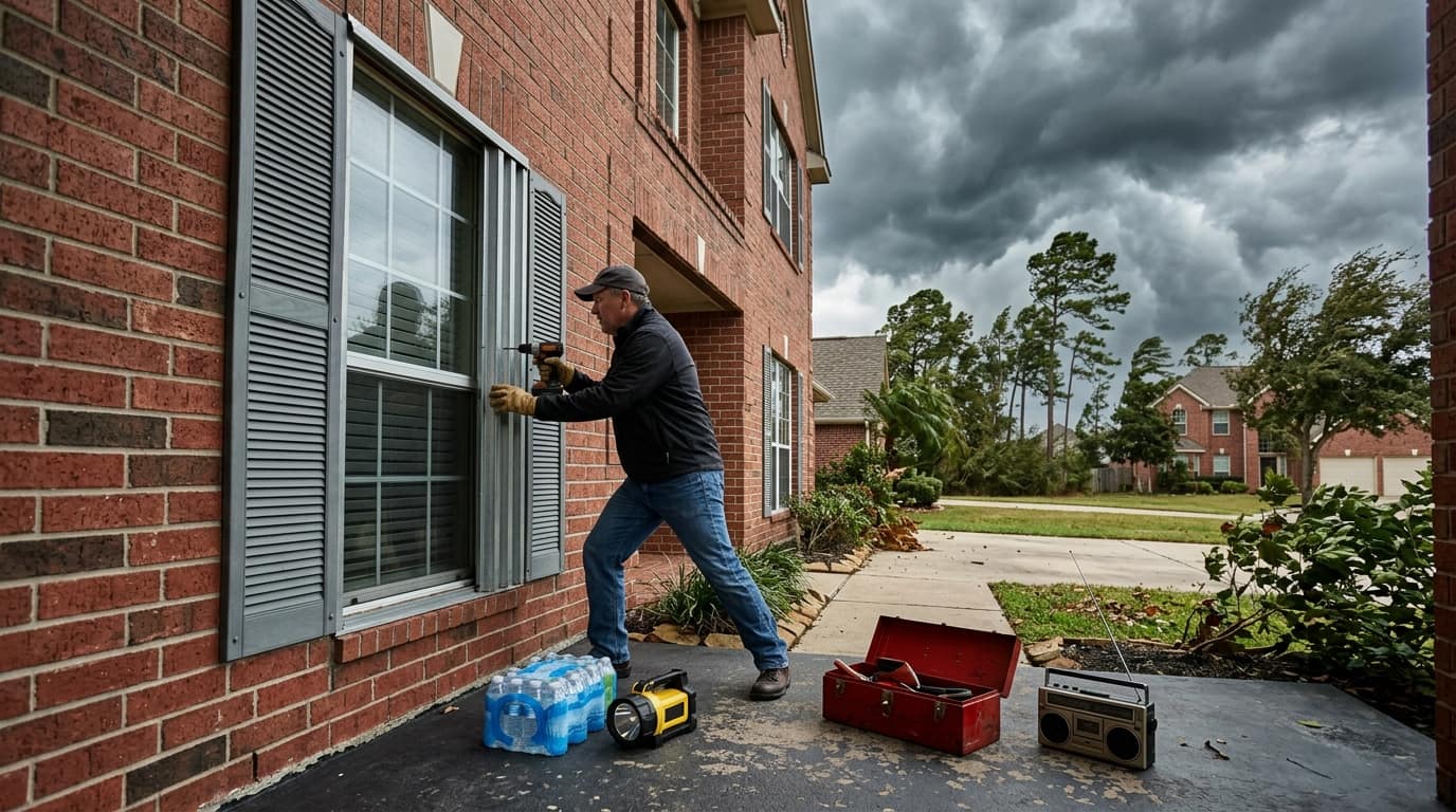 Homeowner installing storm shutters as dark clouds gather