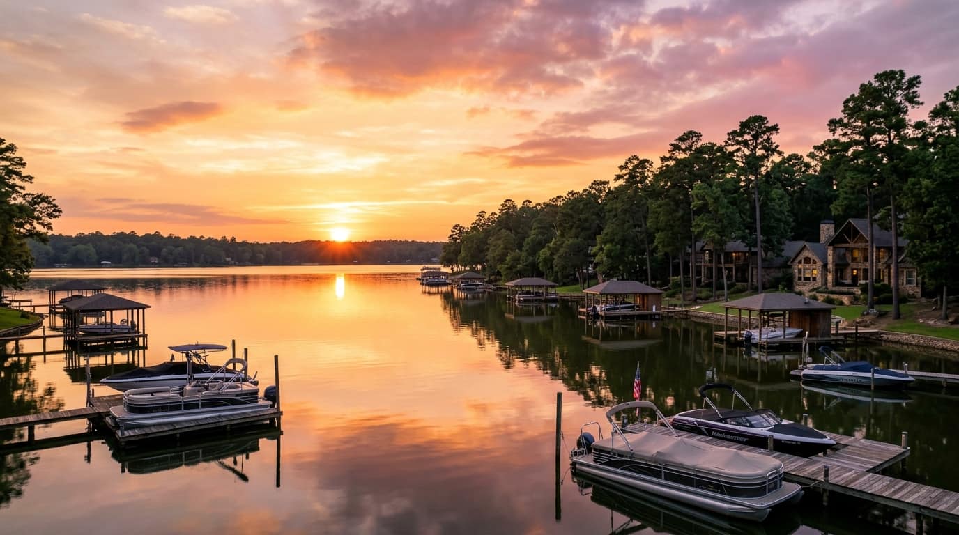 Lake Conroe at sunset with boat docks and lakefront homes among pine trees