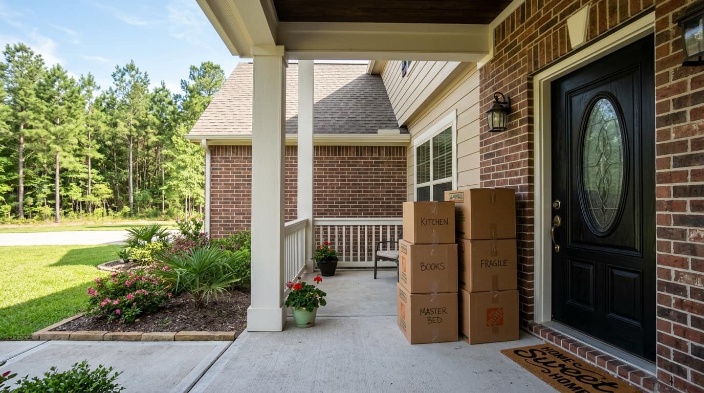 Moving boxes on the front porch of a suburban Texas home among pine trees
