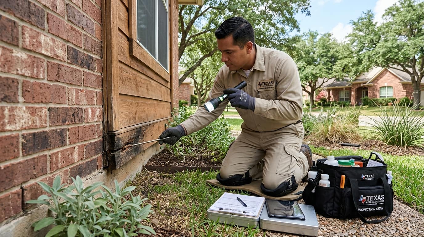 Pest control technician inspecting a home's wood trim for termites